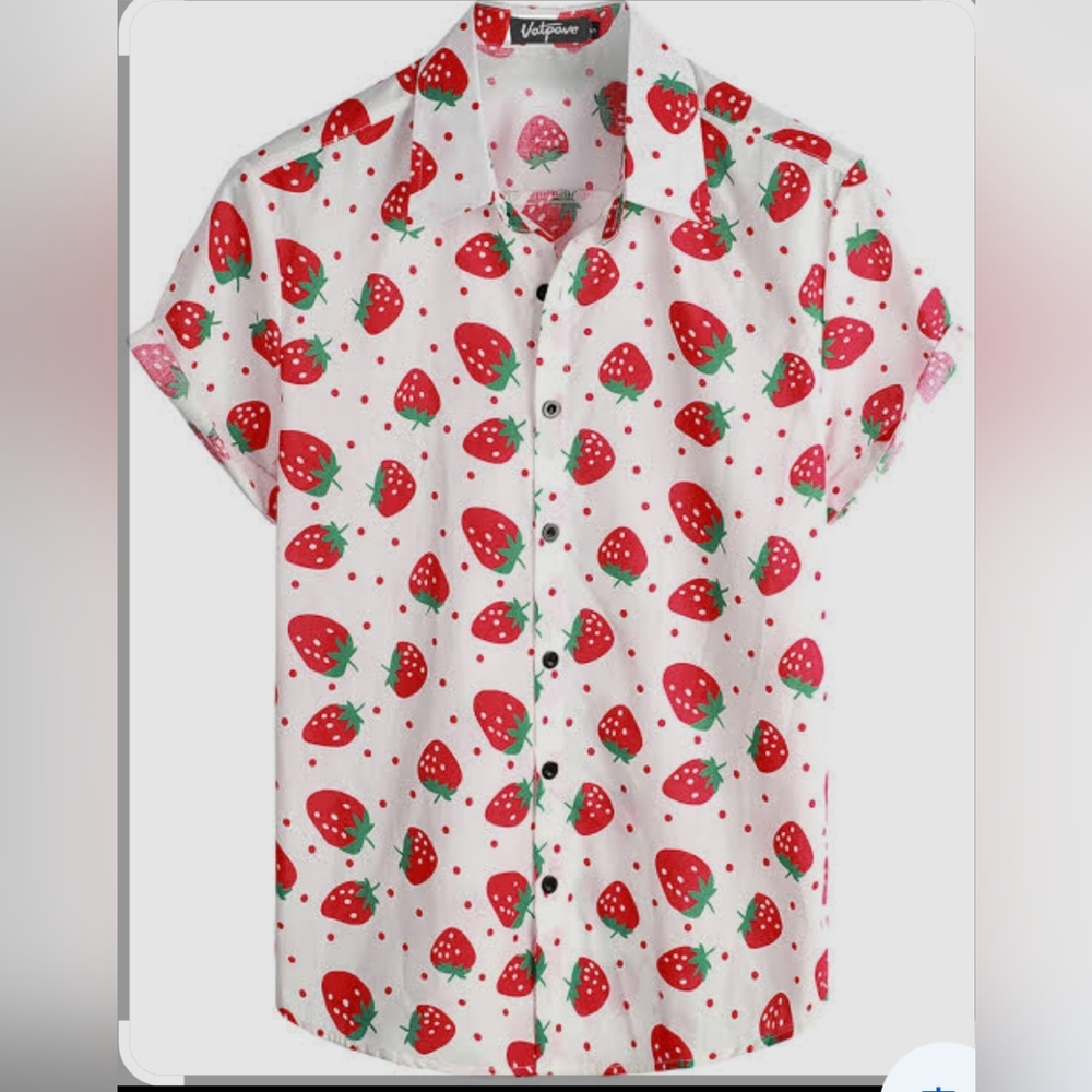 Vatpave Red and White Casual Button Down Shirt with Strawberry Print